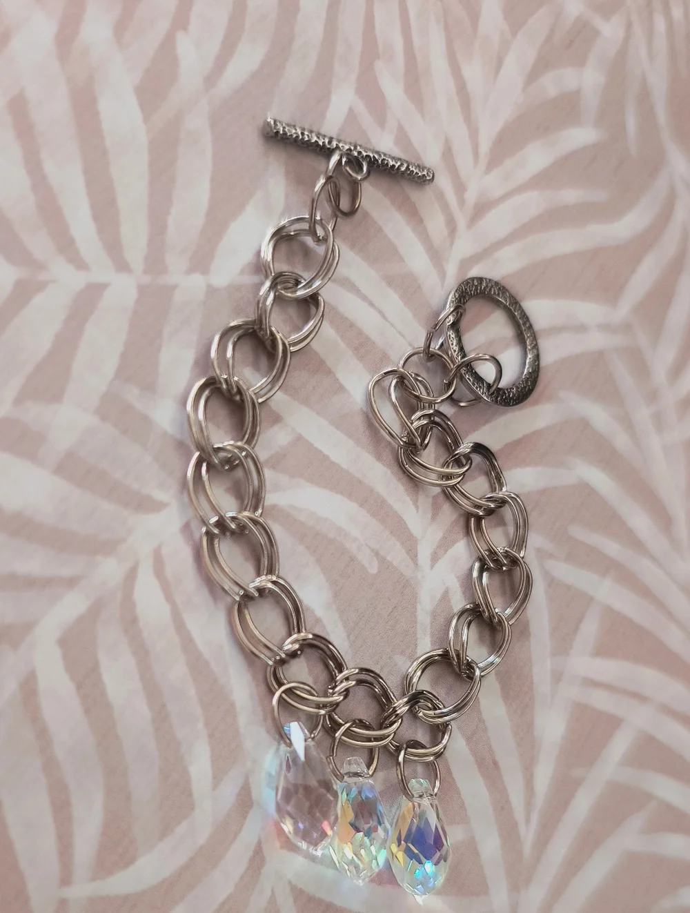 Handmade Iridescent AB Crystal Teardrop Charm Bracelet - Nickel Free Silver - Picture 3 of 4